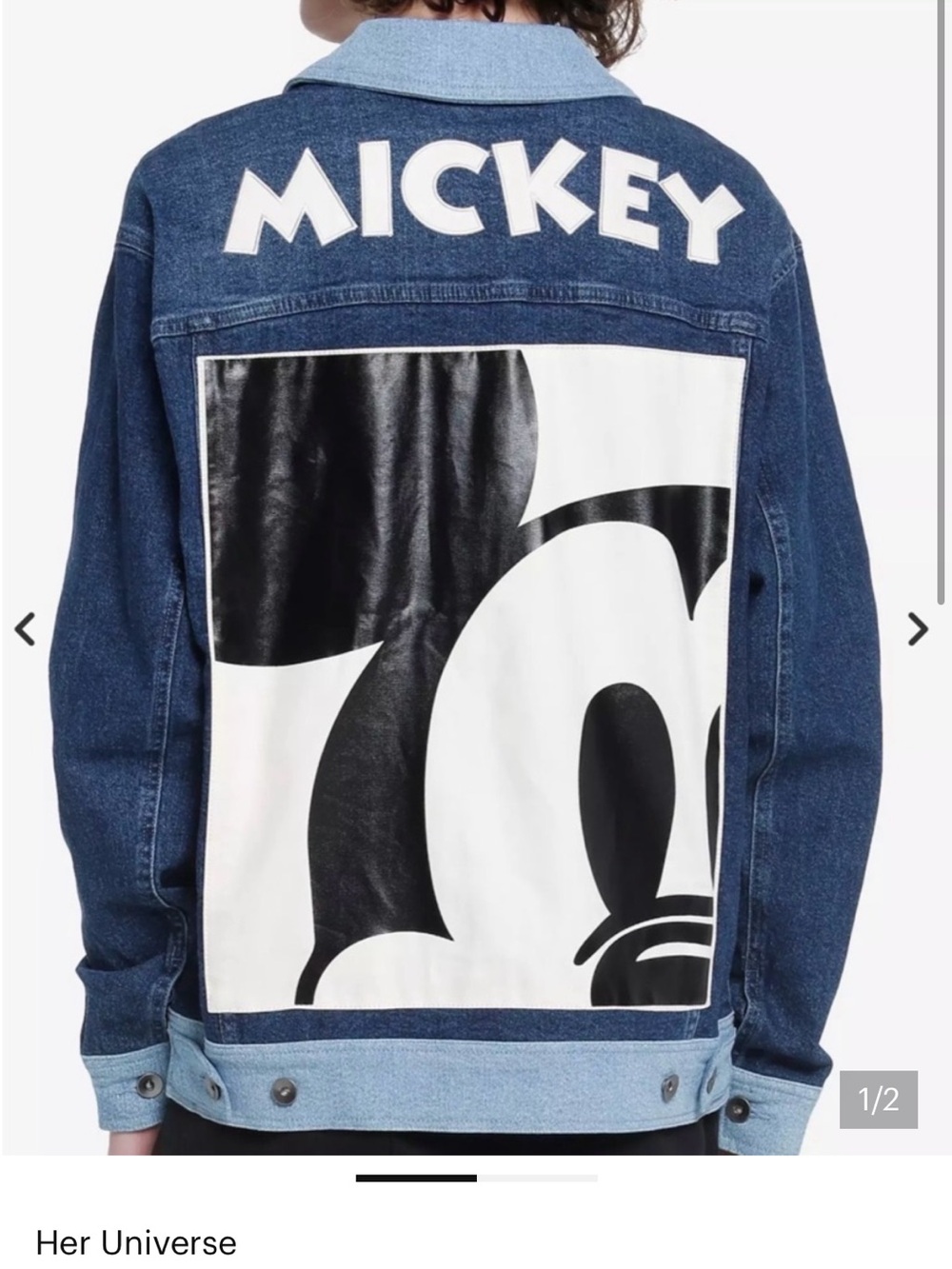 Her Universe Denim Jacket in Blue with Black & White Mickey Graphic